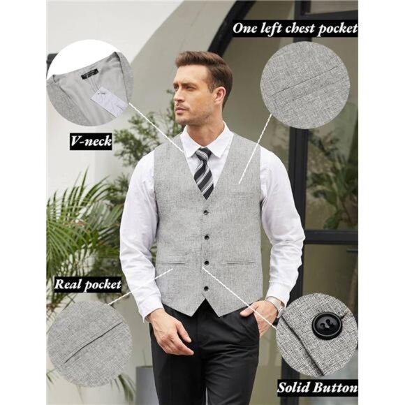 Men's Casual Business Vests Lightweight Waistcoat Slim Fit Suit Vest - Picture 5 of 6